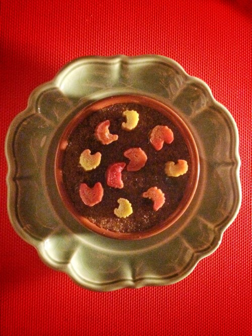 Chocolate crème brûlée with rhubarb