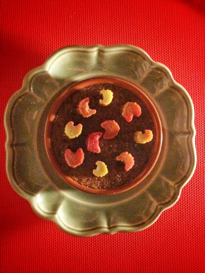 Chocolate crème brûlée with rhubarb