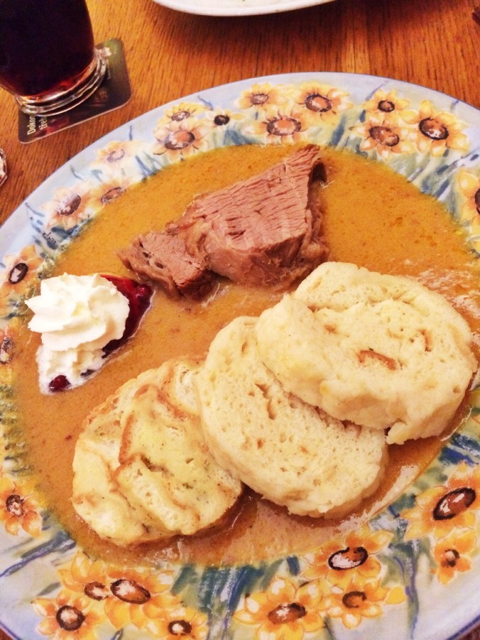 I had the roast beef goulash with dumplings, cranberry sauce and whip cream. It was delicious. Carly had locally caught Perch with green beans and Parmesan risotto. She said it was also excellent.