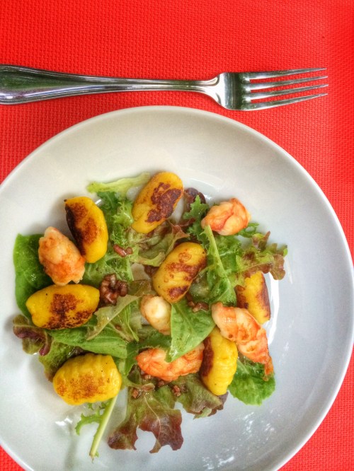 Saffron gnocchi and shrimp salad.